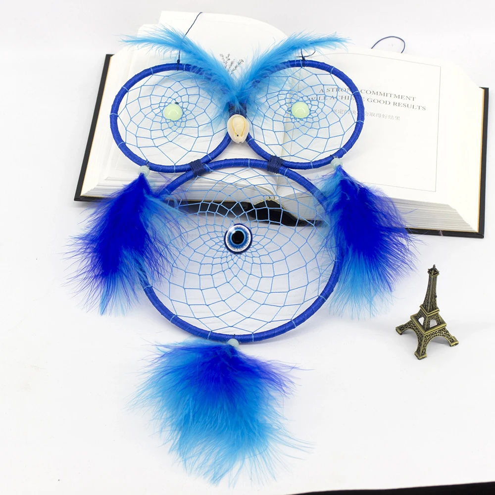 Kingcome Cute Owl Wall Hanging Handmade Blue Feather Evil Eyes Dreamcather for Bedroom Home Decor Garden Ornaments