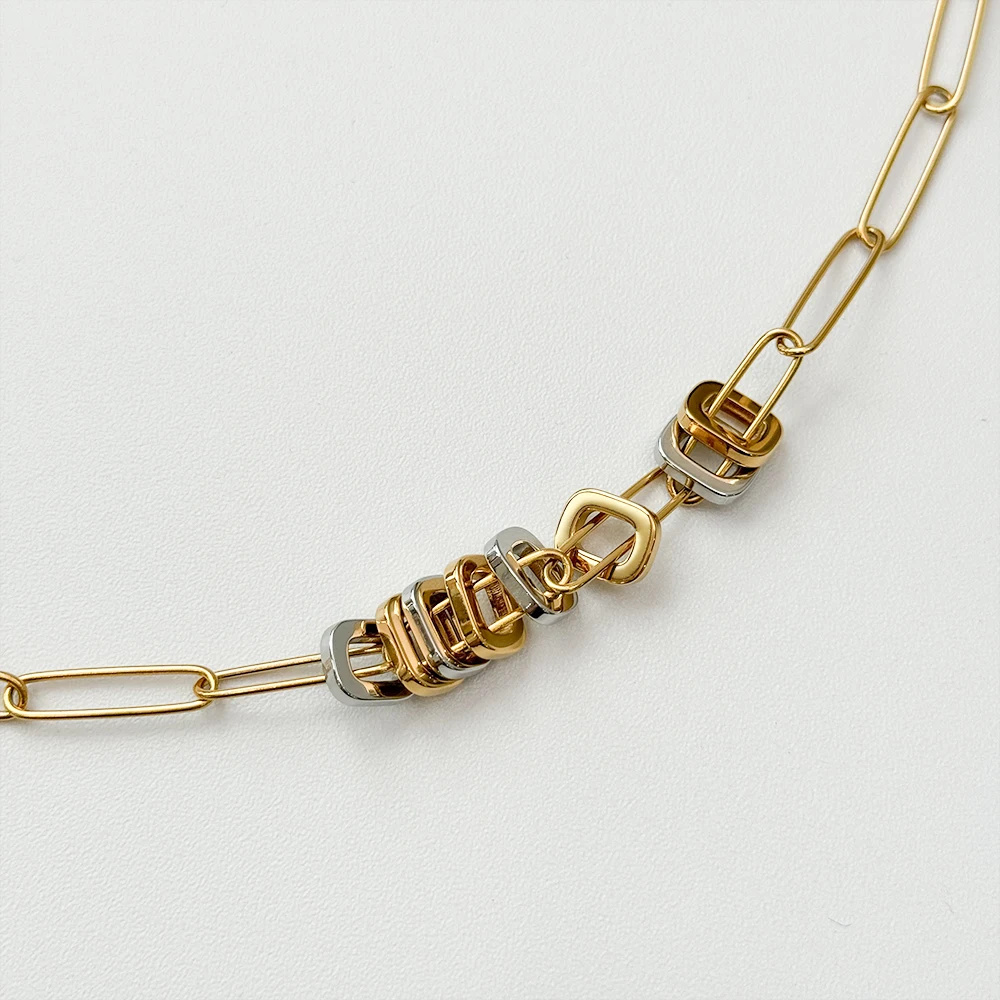 2024 New Stainless Steel Waterproof Jewelry Set 18k Gold Plated Geometric Pendant Necklace Paper Clip Chain Bracelet MK3858