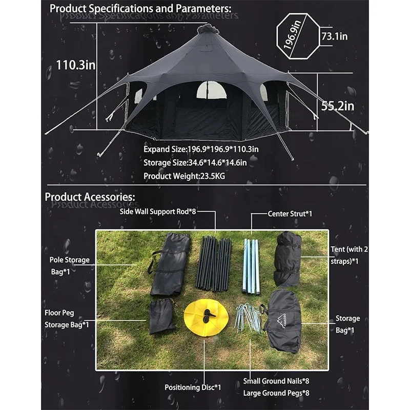 BOTEEN 5M Cotton Canvas Bell Tent Travel Group Activities 4 Season Polyester Cotton Black Tent With Stove