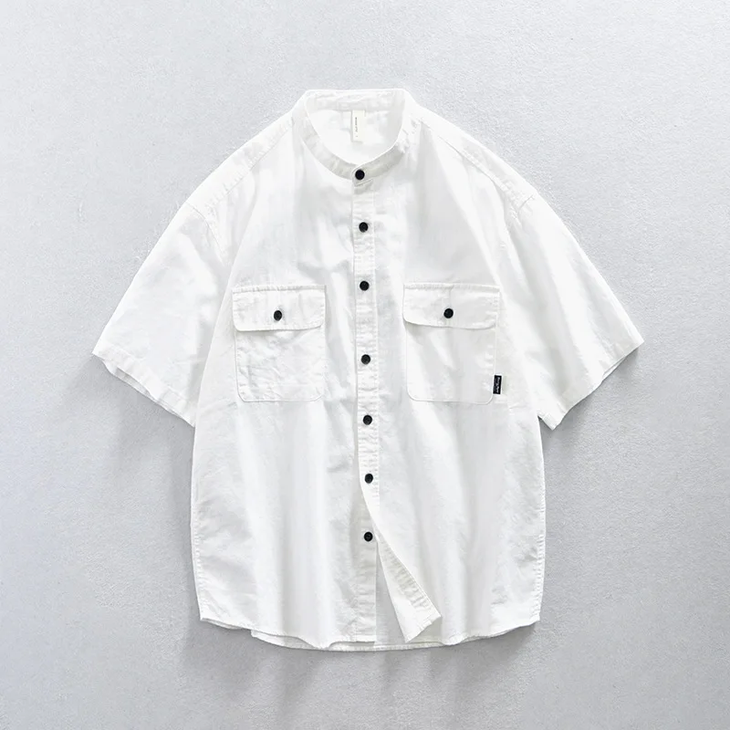 2023 Fall boys Cotton Linen Short Sleeve Shirt Standing Collar Half Sleeve Street Oversized White black Shirts for MEN