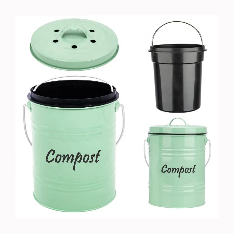 Kitchen Countertop White Compost Bin With Inner Bucket & Charcoal Filter Metal Food Waste Compost Pail
