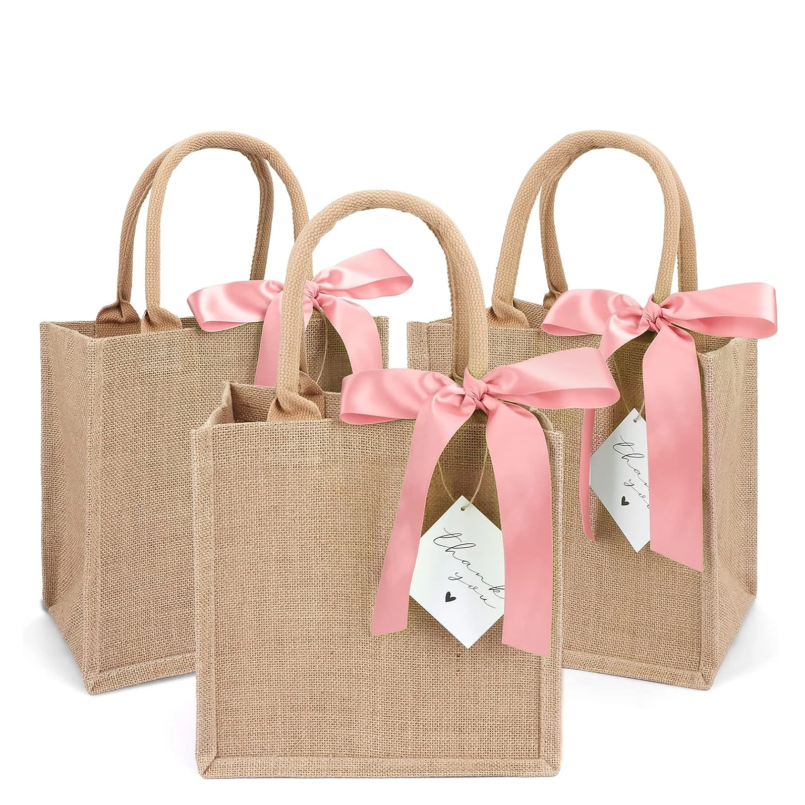 With Pink Ribbon Strap With Logo Printed Hessian Burlap Jute Tote Bag Wholesale For Advertising