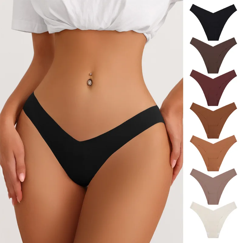 Custom Logo Seamless Traceless Silk V Shaped Tanga Panties Underwear Women Sexy G-string Seamless Thong for Ladies