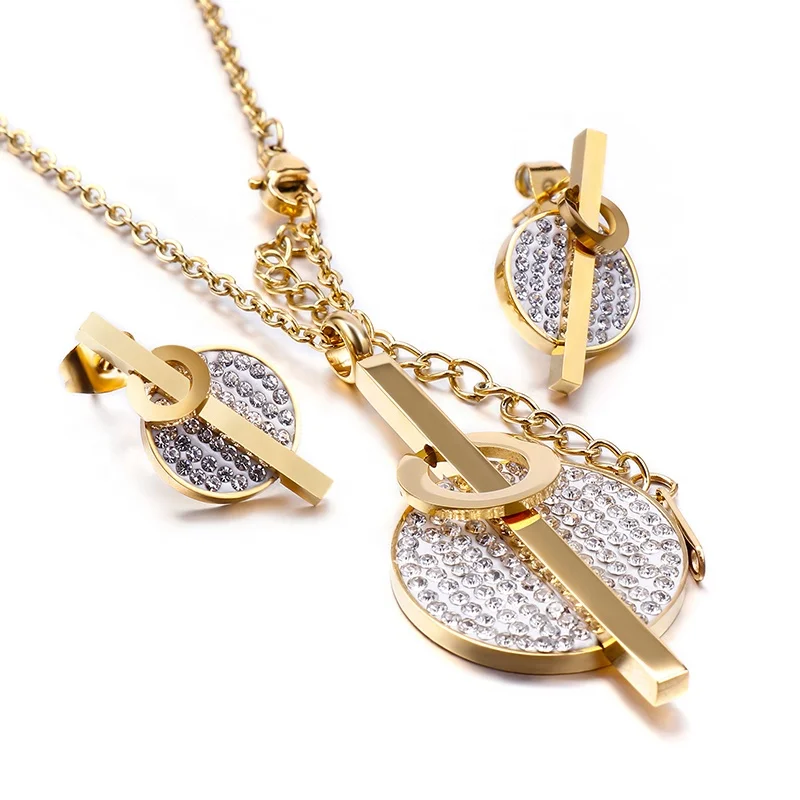 Ladies Stainless Steel Jewelry Set 2021 Fashion and Luxury Bride Wedding Gift Glittering Rhinestone Necklace Jewelry Set