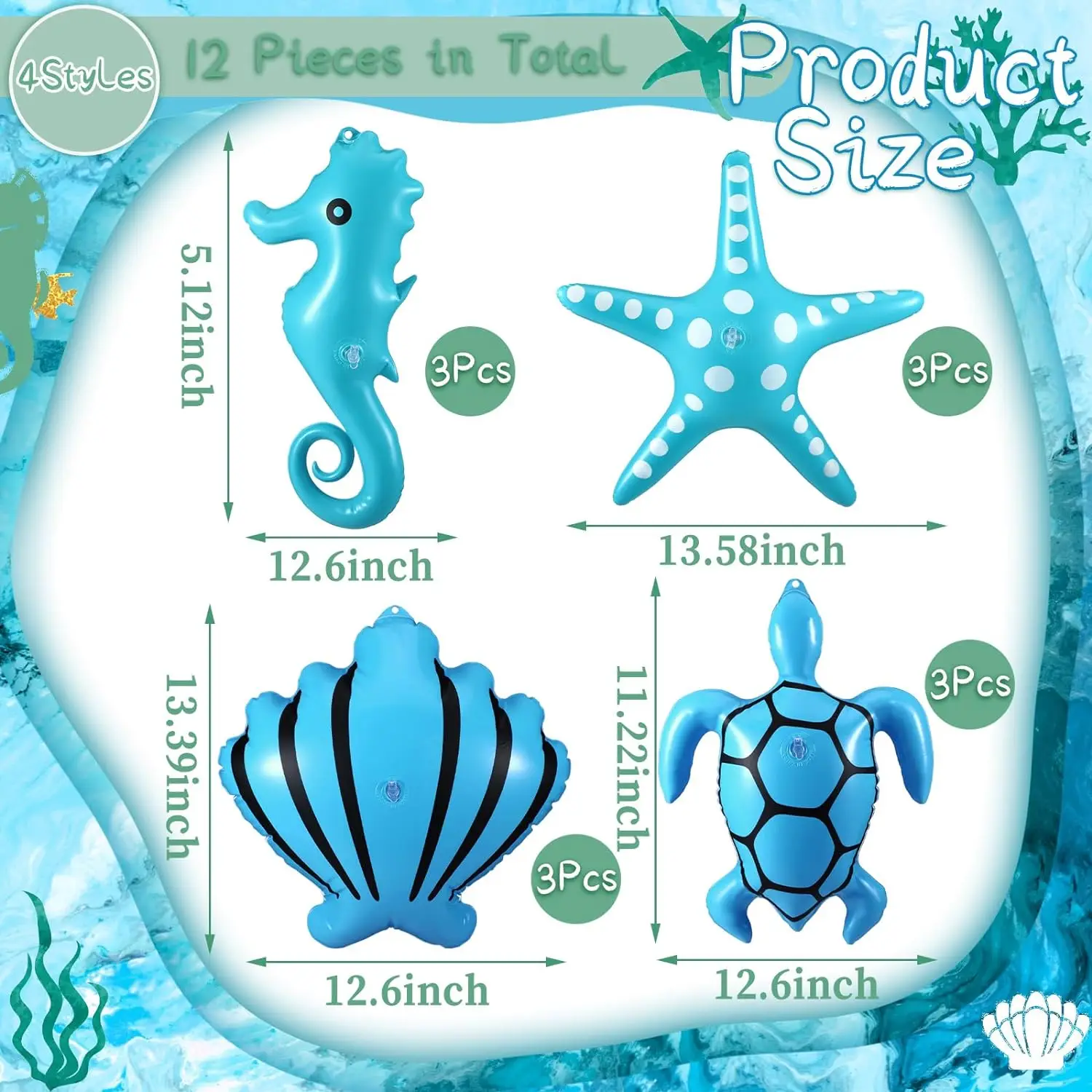 New Customizable PVC 12pcs Inflatable Marine Animal Seahorse Shell Turtle Large Hanging Ornament for Patio Pool Party Decoration