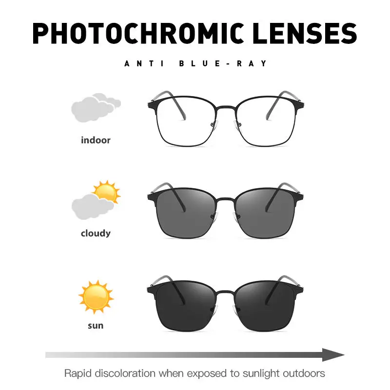 New Popular Fashion Big Square Frame Computer Anti Blue Light Blocking Glasses Photochromic Glasses Chameleon Eyewear