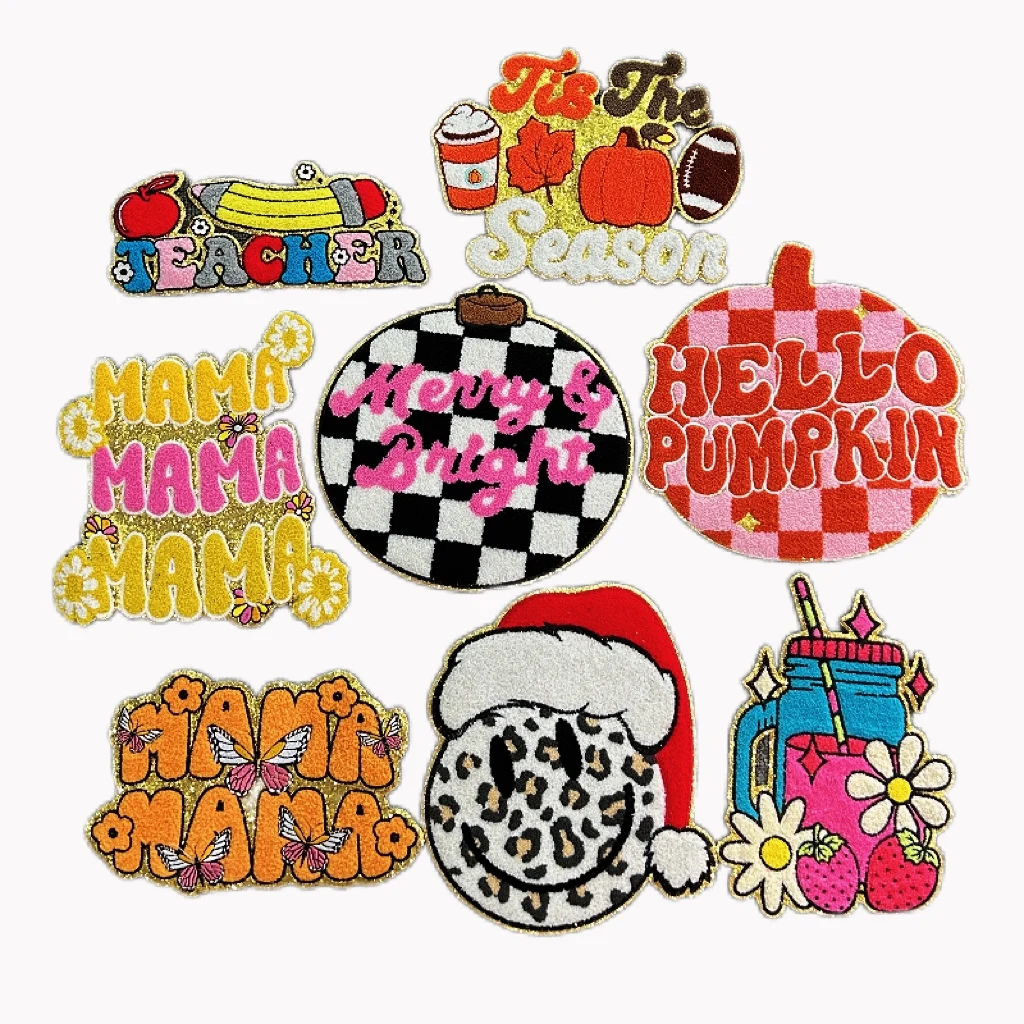 Merry Bright Large Size  Holiday Chenille Patch Iron on Game Day Chenille Letter Patch Custom Embroidery Patch