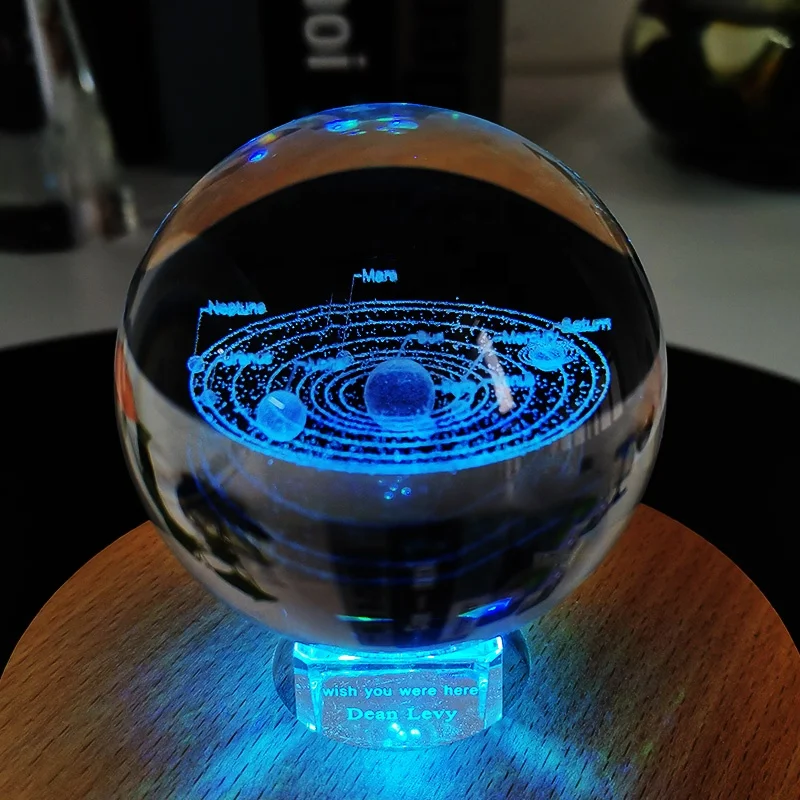 Оптовая продажа индивидуальный логотип DILU 3D лазерная прозрачная Galaxy K9 кристальная Сфера стеклянный шар на солнечной батарее со светодиодной подставкой