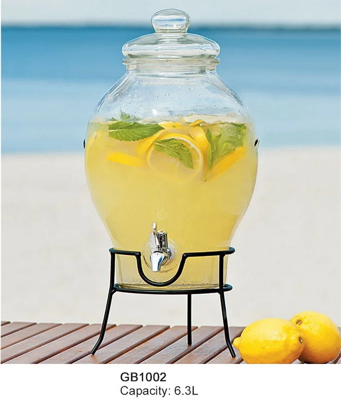 Food Grade Glass Beverage Drinking dispenser with metal