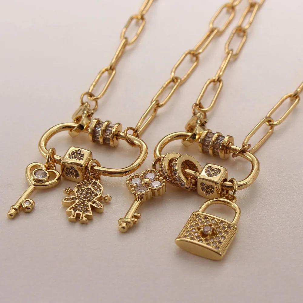 Key And Lock Copper CZ Zircon 18k Gold Plated Pendant Long Necklace Link Chain Fashion Accessories Jewelry For Girls Gifts