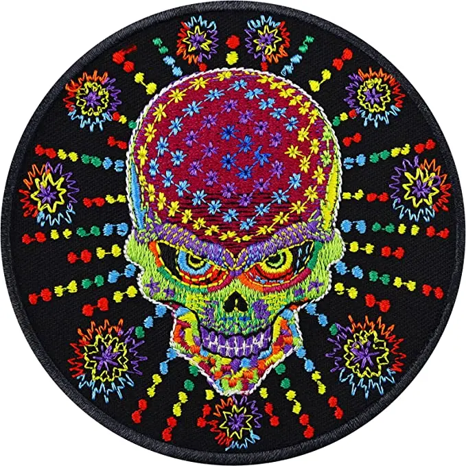 Custom fashion psychedelic Skull Embroidery patches wholesale fabric sewn badges applique Festive embroidery stickers artwork