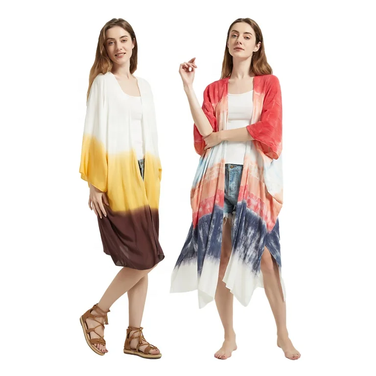 New Fashion Designed Casual Yellow Tie Dye Viscose Chiffon Kimono Shirt Blouse Beach Japanese Plus Size Tops Kimono Blouse
