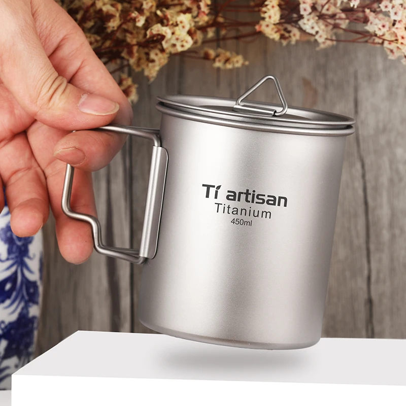 Camping mugs water Cup titanium coffee mug 450ml  Foldable Handle Titanium Pot with Lid camping accessories