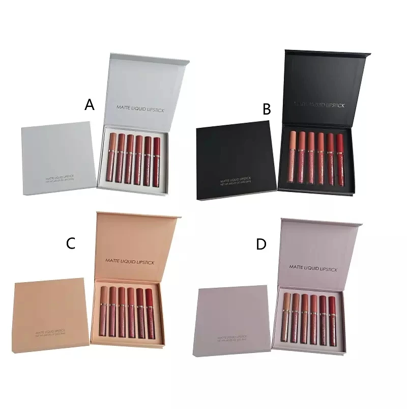 Trendy  Custom 6 Colors Matte Lip Gloss Glaze Set Non Stick Waterproof Vegan long Lasting Matt Liquid lipstick Makeup Kit Box
