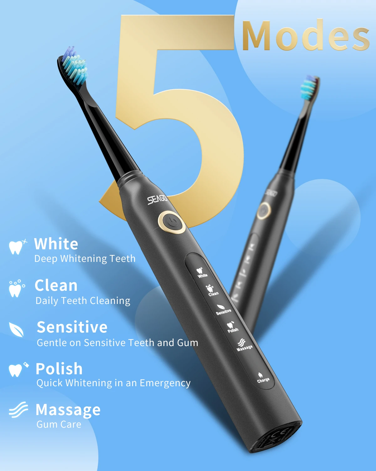 SEAGO Ultrasonic Sonic Electric Toothbrush USB Rechargeable for Adults and Kids Travel with 8 Heads 2023