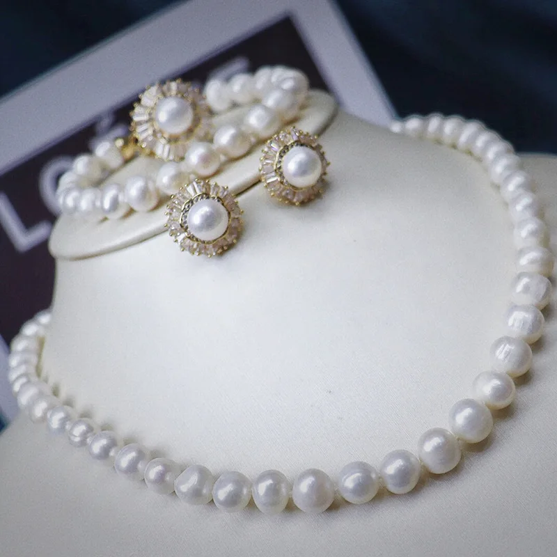 JC Crystal Good Quality 8-9mm Fresh Water Pearl Necklace Set