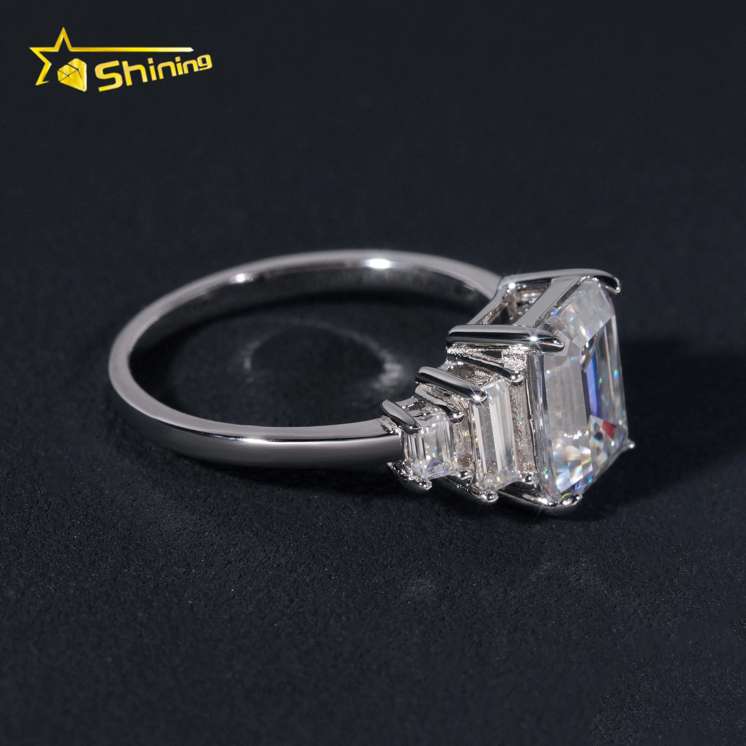 Wholesale Gold Plated Rhodium Plated Vvs Moissanite 925 Silver Diamond Emerald Cut 3ct Women Engagement Wedding Ring
