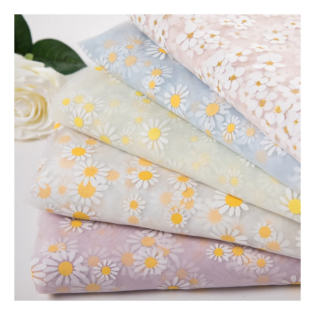 2023 new beautiful sunflower embroidery poly glitter tulle fabric for garment dresses