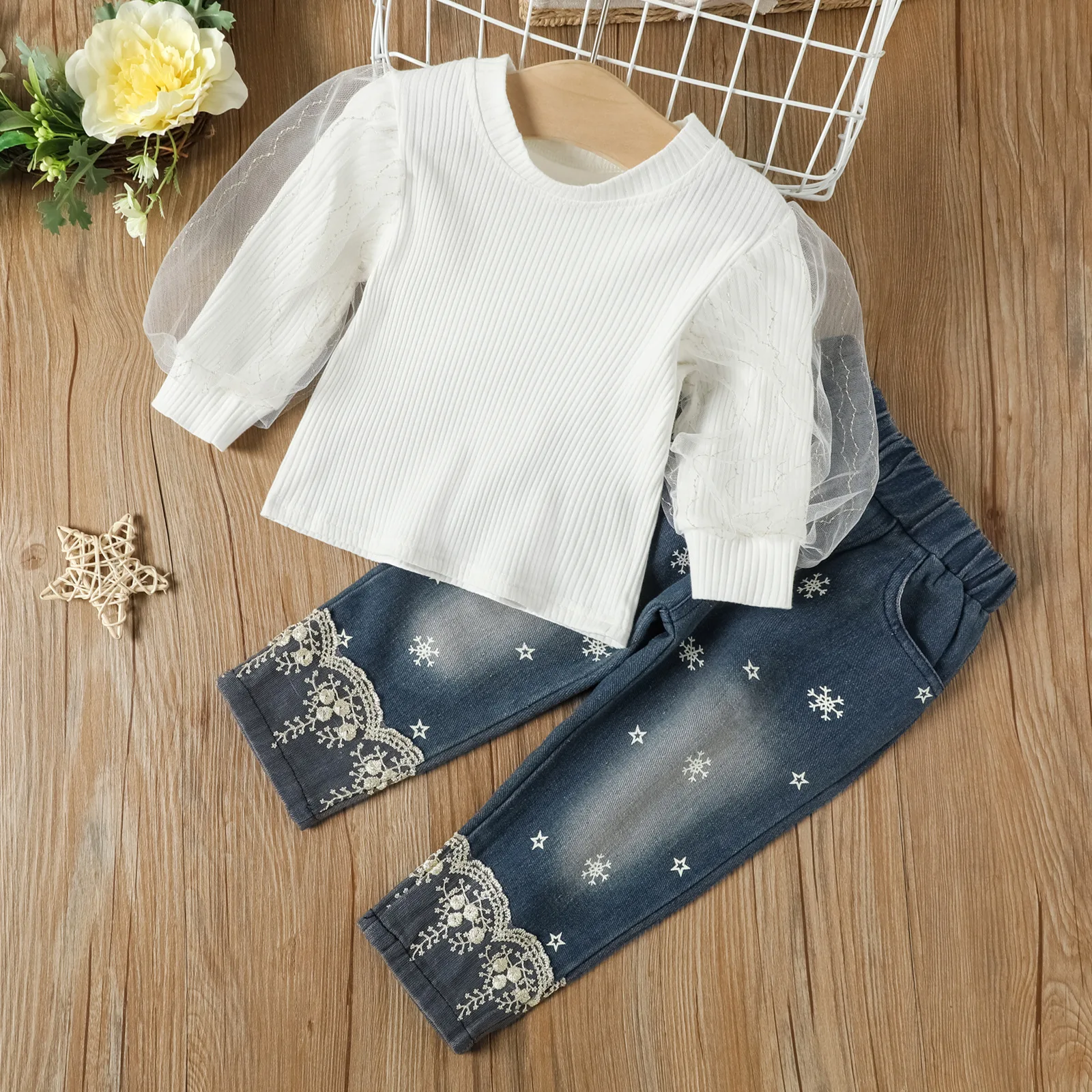 2022 New Girls Spring Autumn Long Bubble Mesh Sleeve Pure Color Knitting Blouse Printed Lace Jeans 2pcs Set Toddler Kids Wear