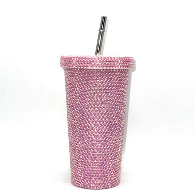 Custom 500ml Vacuum Insulated Stainless Steel Diamond Studded Coffee Mug Bling Rhinestone Tumbler With Lid and Straw Gym