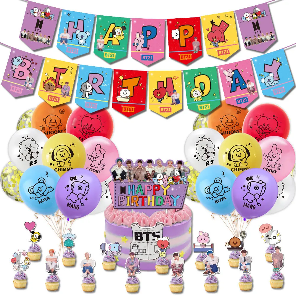 Korean Star Birthday Theme Party Decoration Cartoon Banner Cake Topper Balloon Birthday Set Male Group Party Supplies