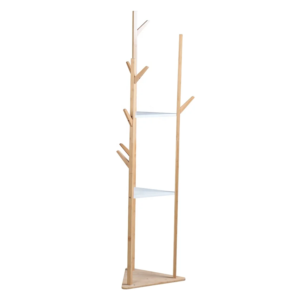 Hot selling nordic simple floor indoor standing bamboo garment coat clothes hanger rack with shelf