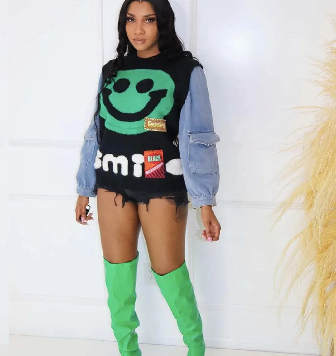 Pullover Smiling Denim Sweater Contrast Stitch Sweatshirt Color Block Anime Sweater Knitwear Women Smile Smiley Face Sweater