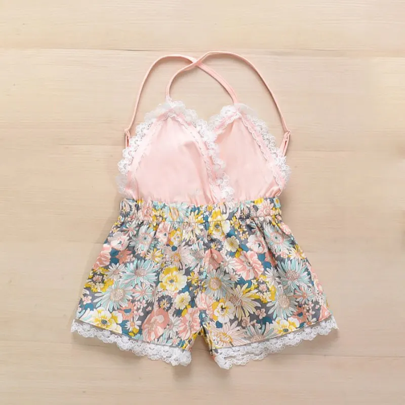 New Design Summer Baby Clothes lace sleeveless tank top and floral printed holiday style suspender shorts One piece Girl Overall