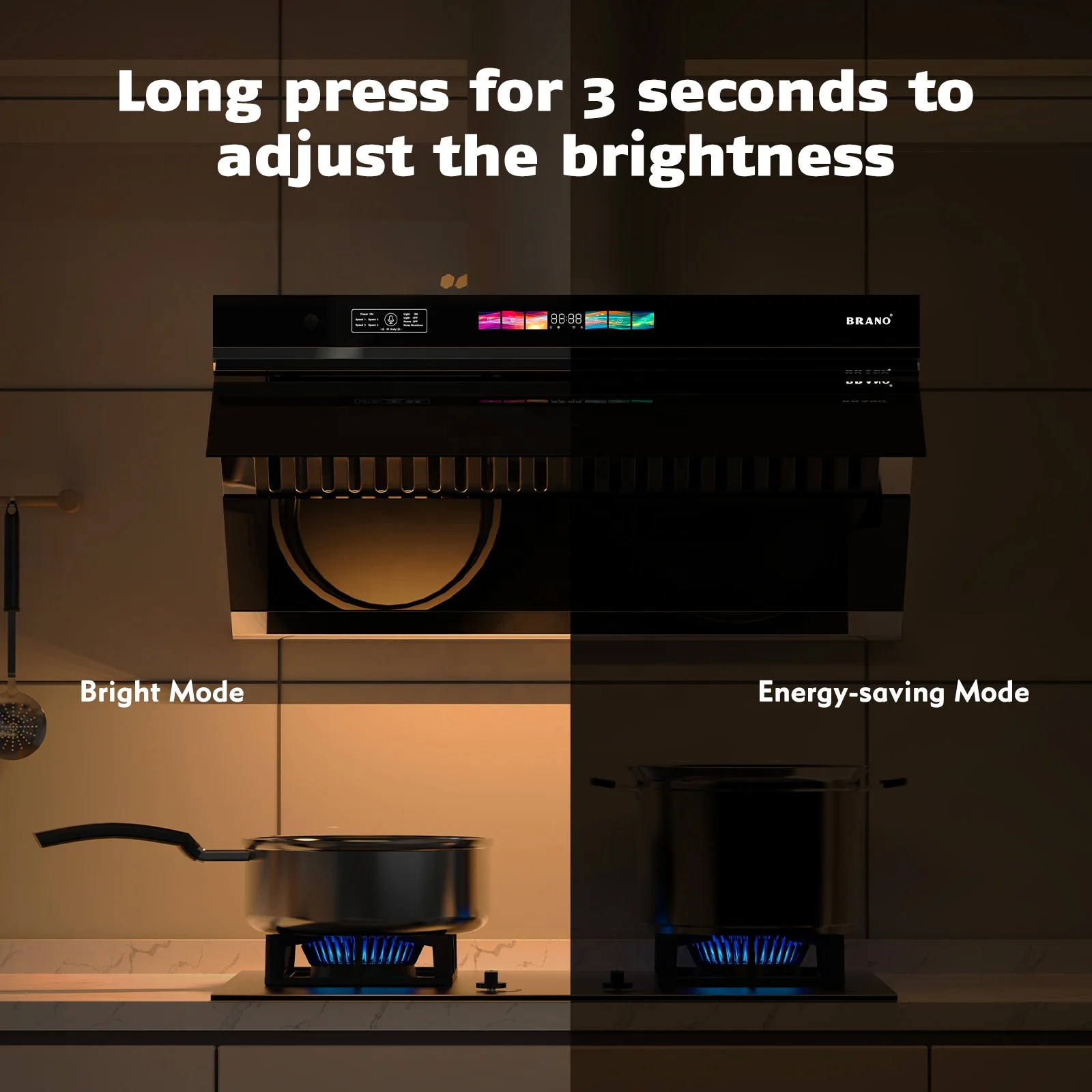 BRANO Multi functional control range hood with unique side design. Range hood under cabinet