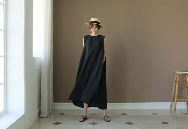 2024 New Summer Linen Dress Women Casual Long Loose Plus Size Sleeveless Round Neck Dresses Clothing Woman Natural Adults