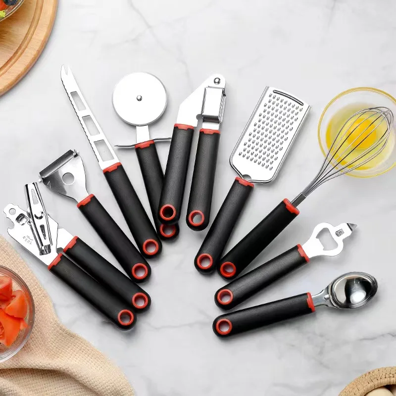Custom Logo Stainless Steel Kitchen Gadget Set 9 pcs with Fruits Peeler Can Opener Durable Pizza Cutter Ice Cream Scoop