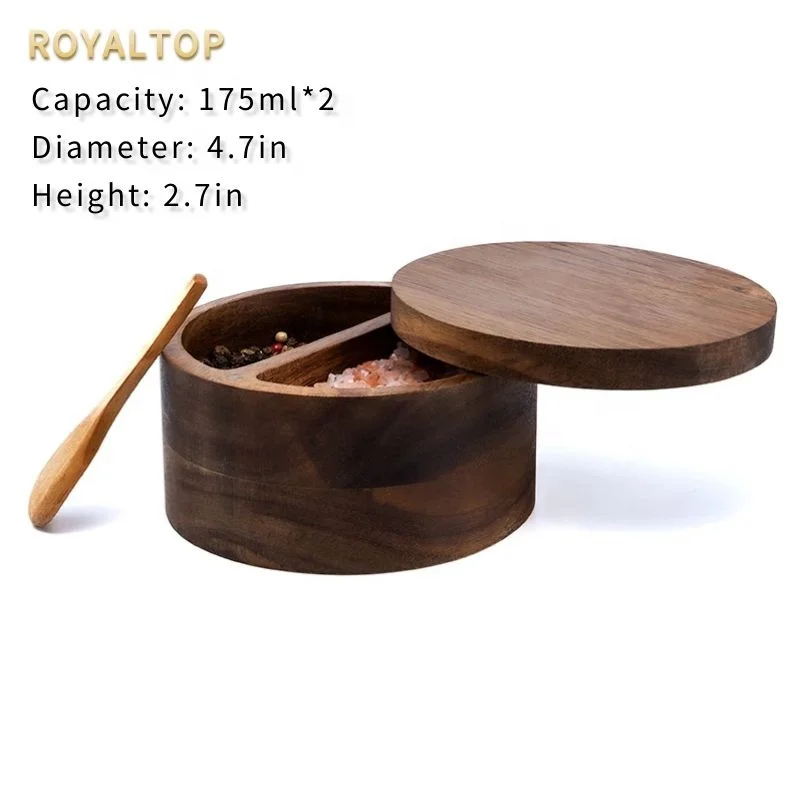 Acacia Wood 12oz Salt Cellar Bowl & Box Wooden Container with Swivel Magnetic Lid to Storage Pepper Spice Bath Salt Sea Salt