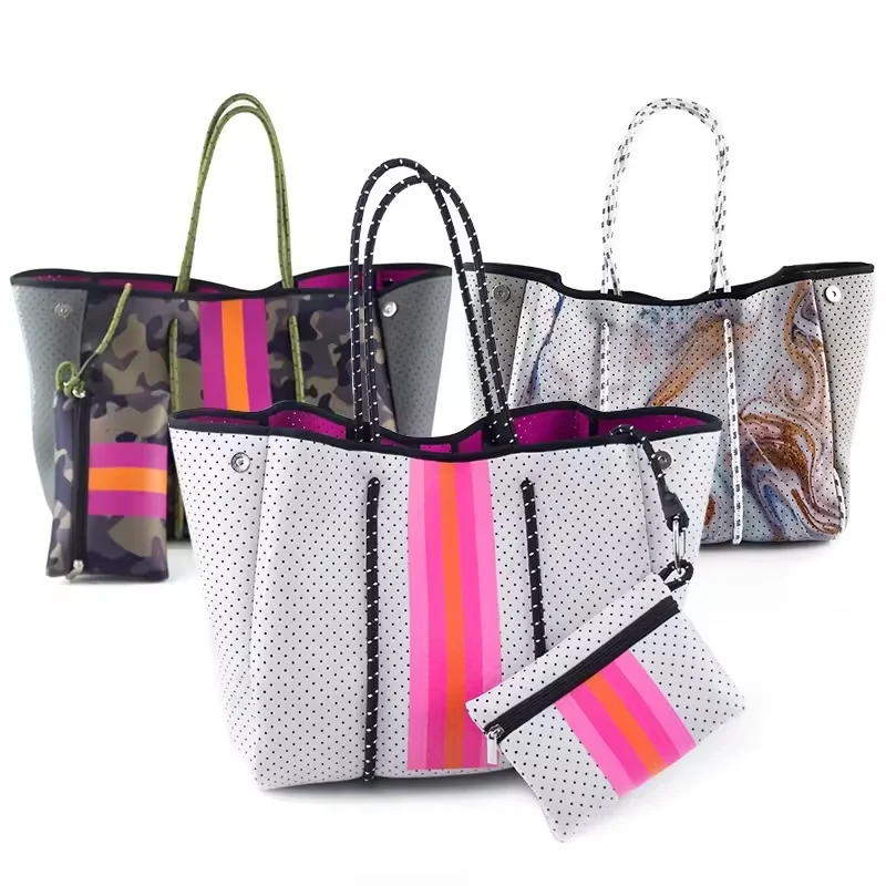 Wholesale Handbag Bolso Beach Bags Tote Summer Customize OEM Handbag Perforated Neoprene Tote Travel Bag With Inner Small Pouch