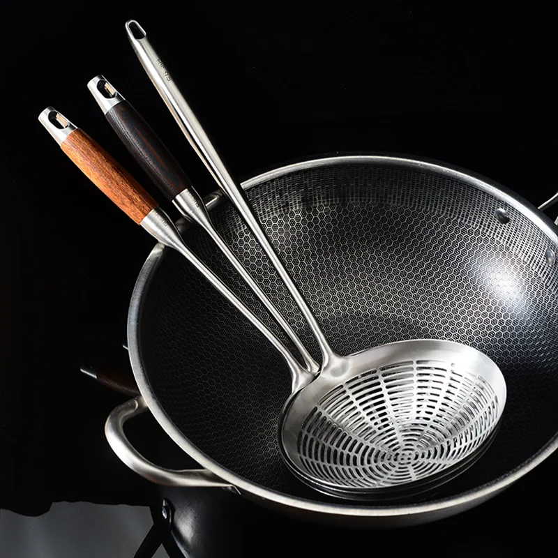 Durable Colander Cooking Strainer Spoon Stainless Steel Round Handle Skimmer Slotted Spoon For Kitchen
