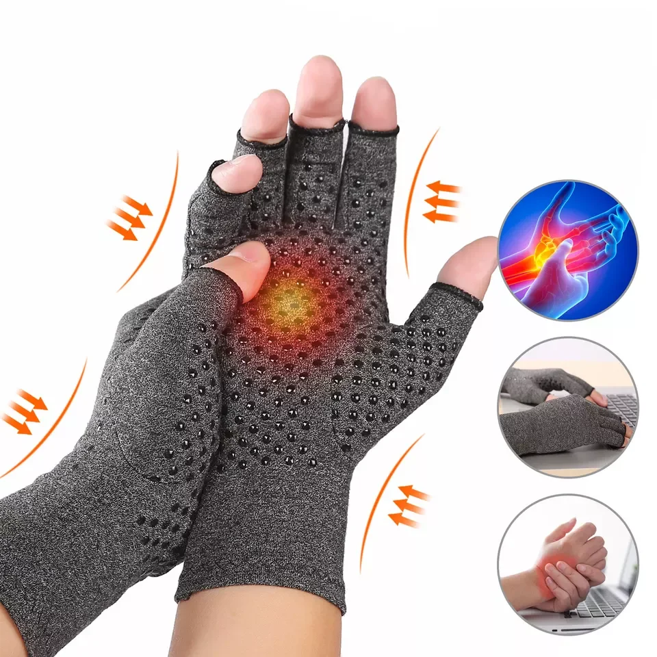 Factory Wholesale Gray Half Finger Breathable & Moisture Wicking Copper Compression Arthritis Gloves