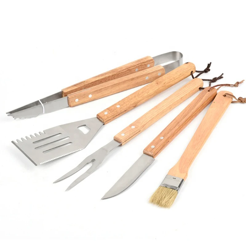 BBQ Accessories 5 Piece Stainless Steel Barbecue Grill Utensil Tools Set Bamboo Wooden Handle BBQ Tool Sets with Wood Box Case