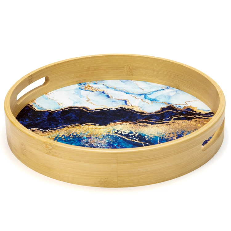 Custom Logo Wholesale Restaurant Stackable Round Wood Coffee Tea Platter Tray Set Table Decorations Food Wooden Serving Trays