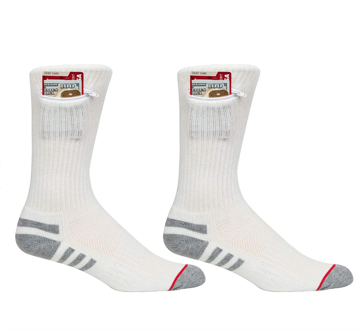 Оптовая продажа белые мужские карманные безопасные повседневные бамбуковые носки с застежкой-молнией