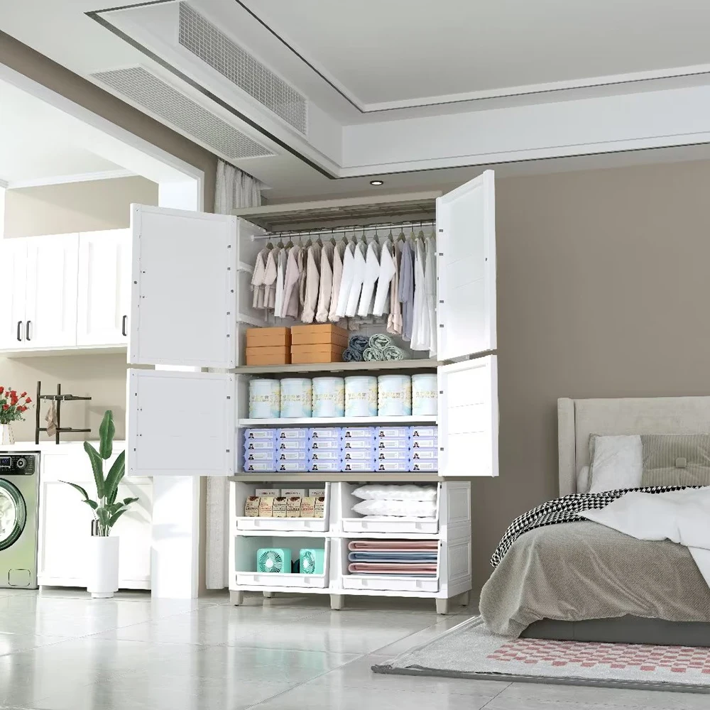 85cm Jumbo Size Classic Pattern 4-Layer Double Door Shelving and Hanging Multi-Function Plastic Wardrobe with 4 Storage Drawers