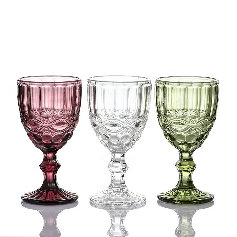 Original Color Amber Pink Purple Green Blue Gray Embossed Vintage Thick Wine Glasses Goblet 8oz Red Wine Glass Cups