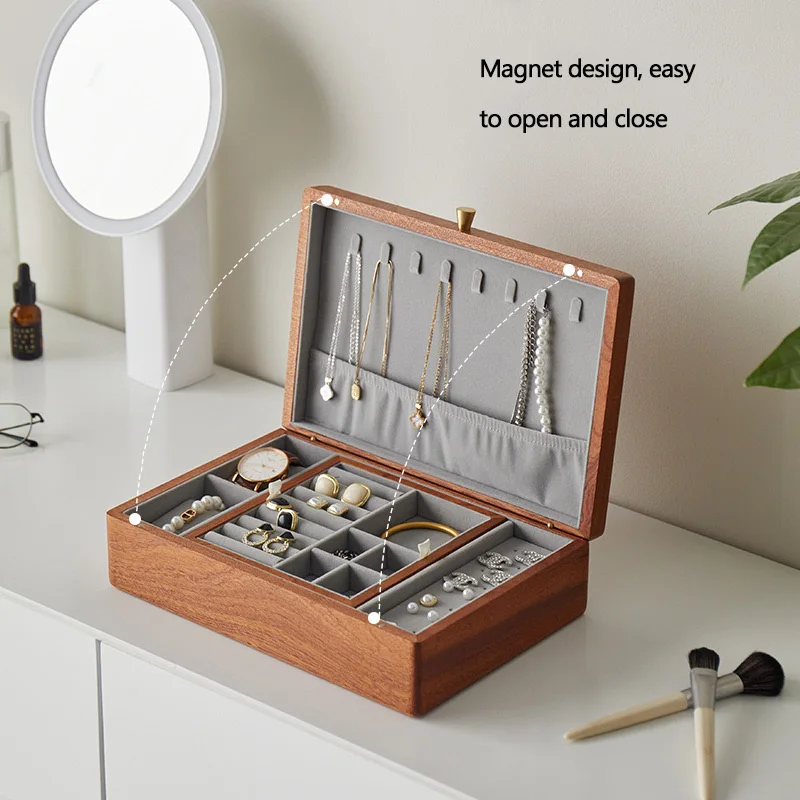 wooden jewelry packaging Multifunctional double-layer large capacity ring necklace watch wood jewelry boxes for gifts