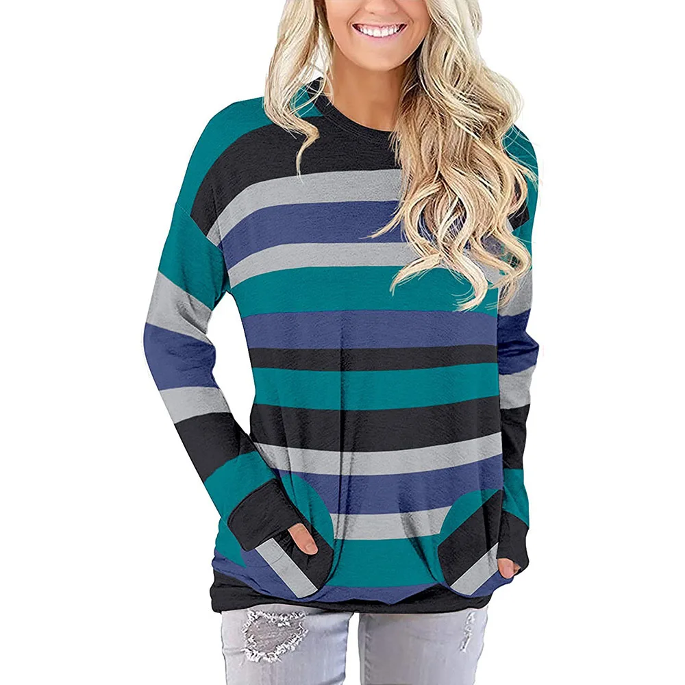 Shinesia женские футболки больших размеров с длинным рукавом, в цветную полоску; 2 боковых кармана свободные легкие модные повседневные футболки на заказ