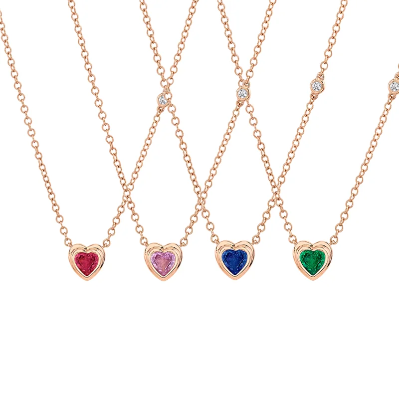Slovehoony Emerald Heart 18k Gold Fine Jewelry Necklace Pink Sapphire Bezel Heart Necklaces For Women