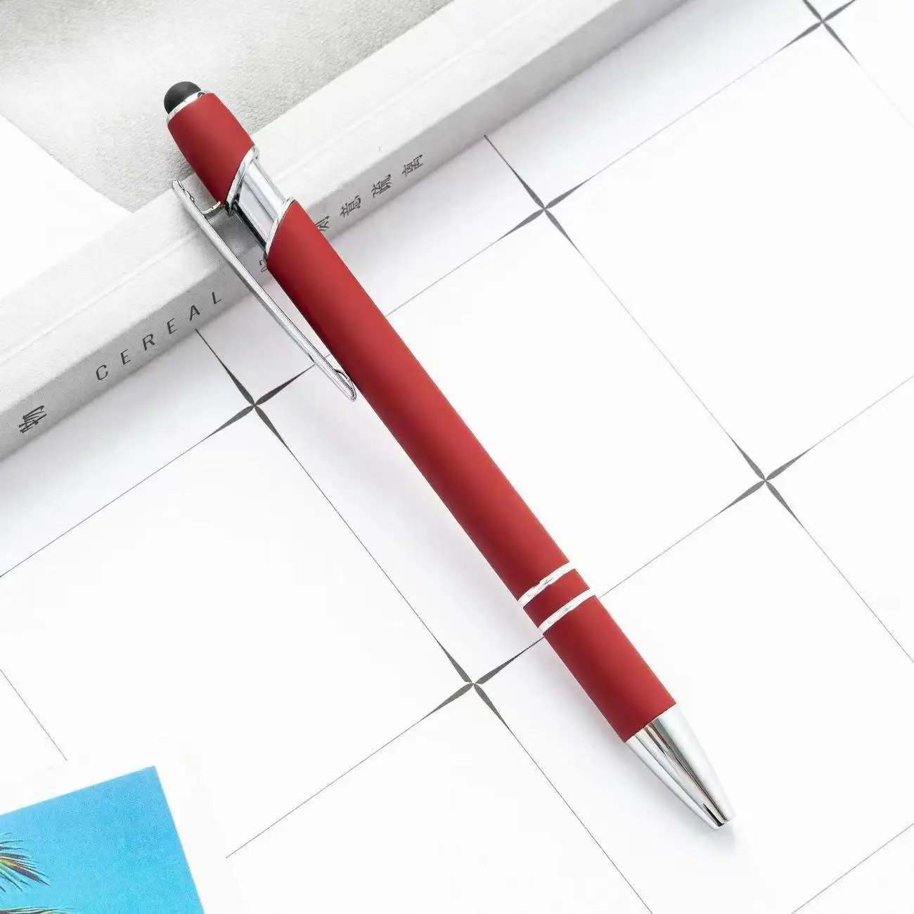 2024 Low MOQ Manufacture Soft Touch Click Ball Pen Stylus Laser Engraved Silicone Coating Aluminum Rubber Finish Sports Logo