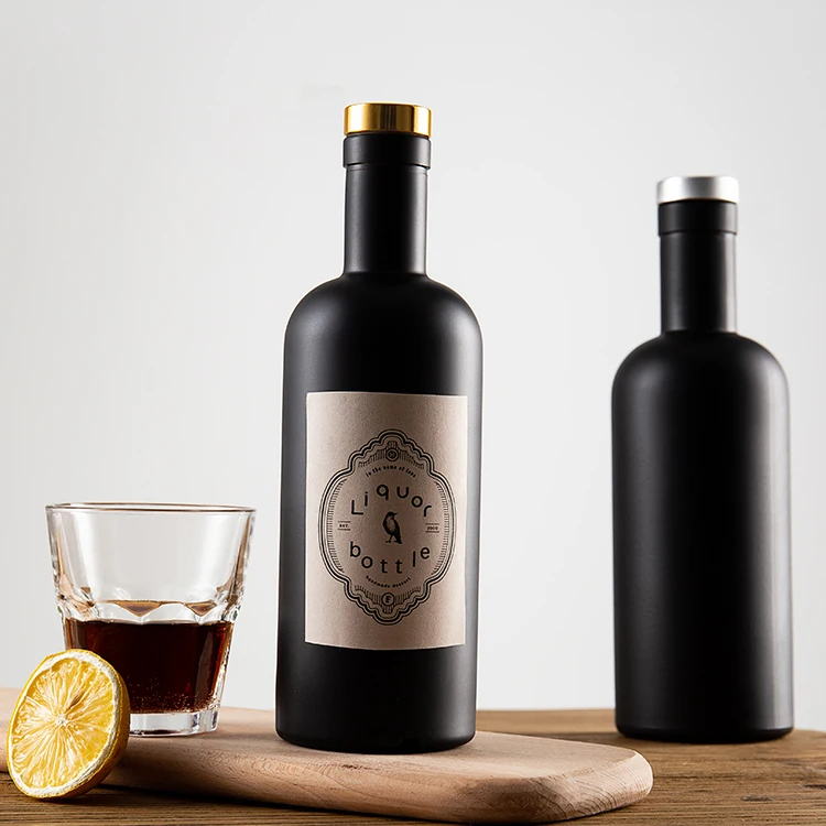 Custom Label 375ml 500ml 750ml Matte Black Aspect Liquor Bottle Glass Spirits Bottles with Corks for Whiskey Rum Vodka Wine