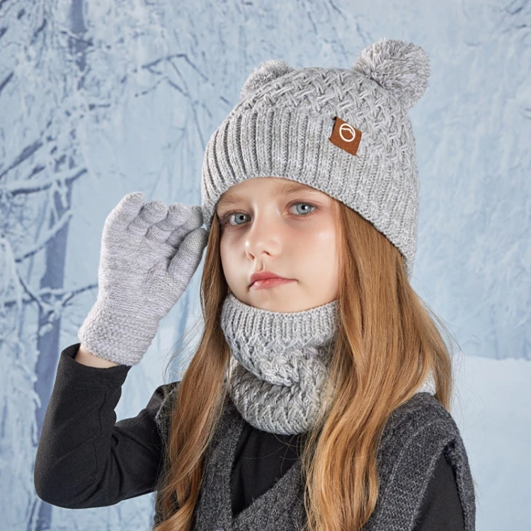 2025 New Warm Winter 4pcs Set Soft Scarf Gloves Kid Winter Neck Scarves Beanie Cap For Children With Double Pompom