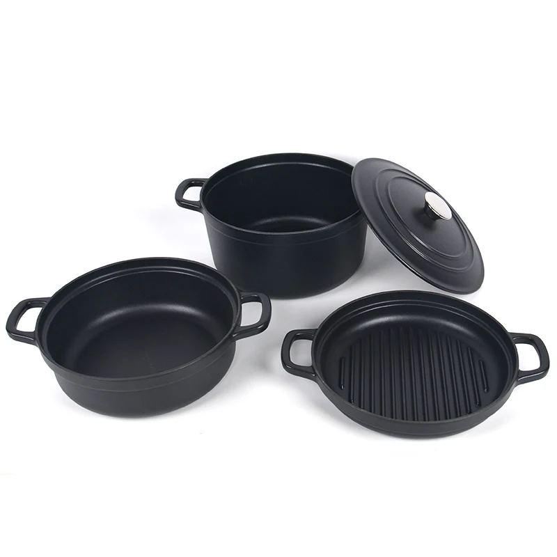 Enamel Cast Iron Casserole Covered Dutch Oven Set with Pan 4 in 1