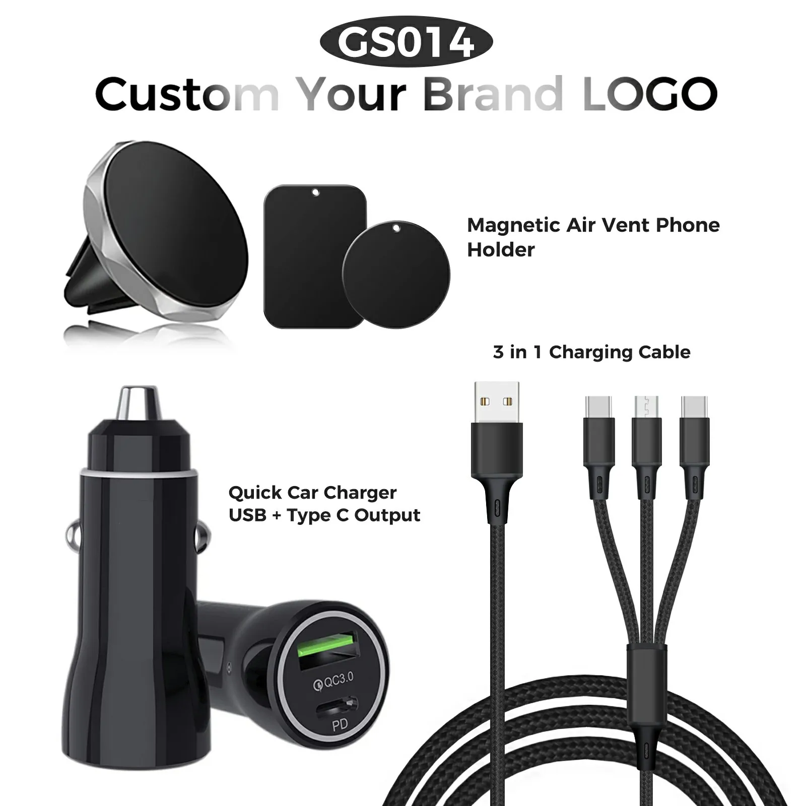 2025 New 2025 factory wholesale 3 in 1 gift set  cable car charger holder logo package custom gift for customers business car