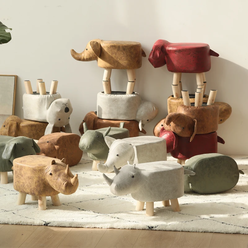 Wood Dog Children Footstool Pouf Kid Animal Ottomans Stools