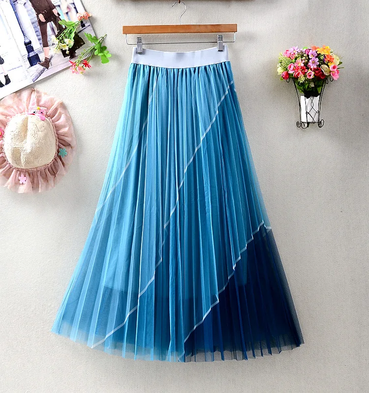 Women High Elastic Waist Pleated Printed Chiffon Skirt Midi Swing A Line Skirt